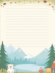 Sheet template for notebook, cute animals in the forest, Cartoon, notepad, diary. Lined paper. Cute character.