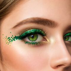 Obraz premium Beautiful woman with green makeup and sparkles on her face.