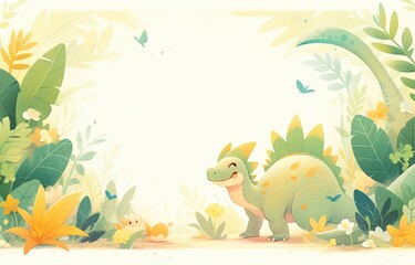 Jungle scrapbook page with cute dinosaur in corner, Forest with dinosaurs and foliage, for kids.