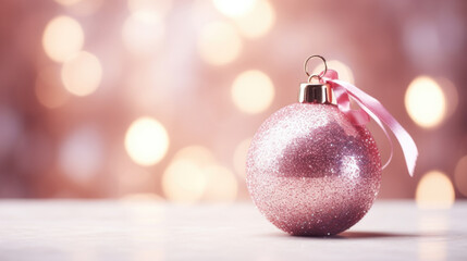 Sparkling pink Christmas ornament with a delicate ribbon on a warm, glowing background.