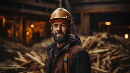 Portrait of a foreman or worker against the backdrop of a construction site. Construction site manager wearing a hard hat and safety vest. A satisfied manager looks at the camera. AI generative