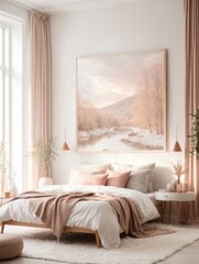 Mockup of a large paintings in framed a light white bedroom interior