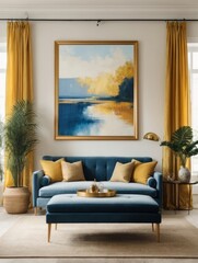 .Mockup of a large paintings in framed a light pastel color living room interior