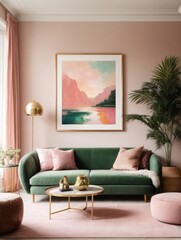 .Mockup of a large paintings in framed a light pastel color living room interior