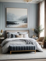 Mockup of a large paintings in framed a light soft blue bedroom interior