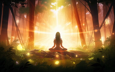 meditating woman in a forest illuminated by the setting sun.
