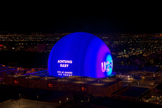 Las Vegas, Nevada, USA - November 7th, 2023: The Sphere Las Vegas illuminated at night with Achtung Baby