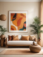 Mockup of a large paintings in a light living room interior. Etno African style