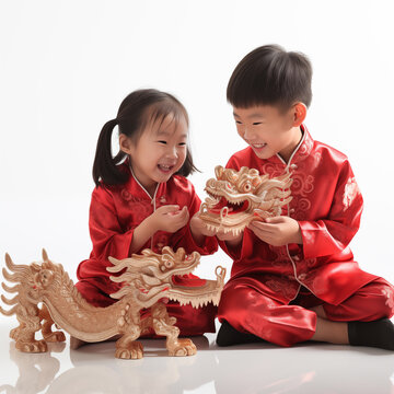 1:1 Cute Chinese children are having fun playing with paper dragons on Chinese New Year.for backgrounds  screens greeting card or other High quality printing projects.