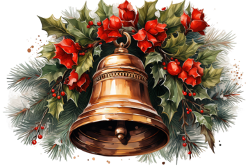 Christmas illustration with Christmas tree garland, golden bells isolated on PNG Background. Generative Ai.