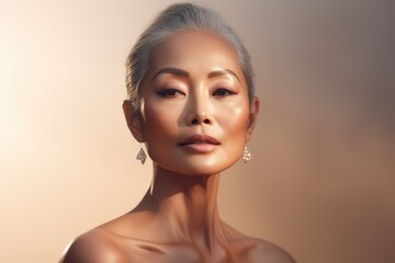 Stylish confident adult 50 years old asian woman looking at camera on light background. Middle-aged women with silver gray hair. Beauty, skin care, spa concept. Plastic surgery - Powered by Adobe