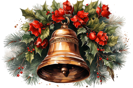 Christmas illustration with Christmas tree garland, golden bells isolated on PNG Background. Generative Ai. - Powered by Adobe