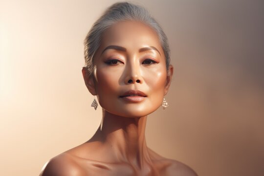 Stylish confident adult 50 years old asian woman looking at camera on light background. Middle-aged women with silver gray hair. Beauty, skin care, spa concept. Plastic surgery
