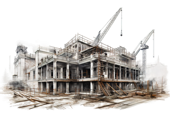 Building construction. Sketch of industrial landscape isolated on PNG Background. Generative Ai.