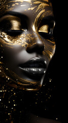 close-up model's face with closed eyes on a black background with golden makeup fashion abstraction