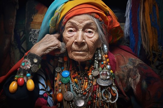 Old women wearing traditional costume. Shaman with jewelry. Ethnic traditions