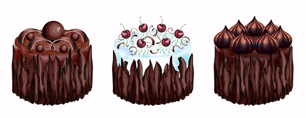 Set of watercolor chocolate cakes with cherry, chocolate balls, glaze and cream. Isolated illustration of sponge cakes. Hand drawn template for display and menu design, textile, packaging, stickers