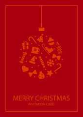 Merry Christmas and Happy New Year greeting card. Christmas elegant card with hanging ball. Modern Xmas design with typography and ball pattern. Minimal art banner, poster, cover template.
