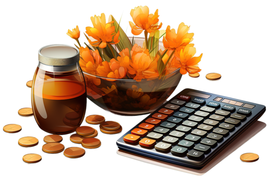 coins,golden egg and calculator for business conceptual. isolated on PNG Background. Generative Ai.