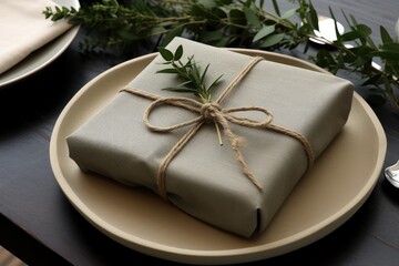 Fototapeta na wymiar Gift box wrapped in kraft paper and decorated with eucalypt leaves. DIY gift wrapping. Zero waste, plastic free, eco friendly concept. Holidays present