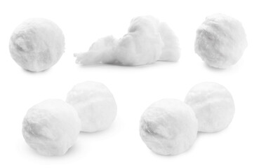 Balls of soft fluffy cotton isolated on white, set