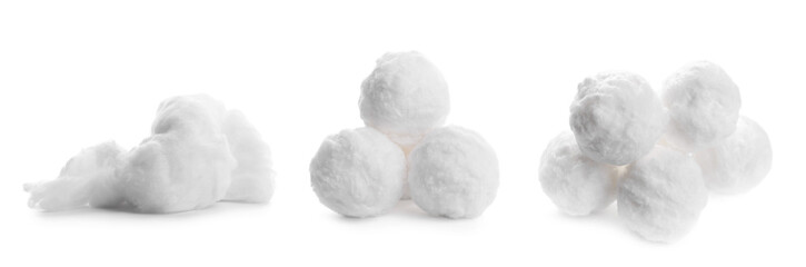 Balls of soft fluffy cotton isolated on white, set