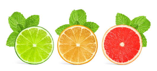 Fresh citrus fruits and green mint isolated on white, collection