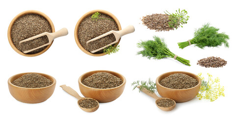 Dry dill seeds on white background, set