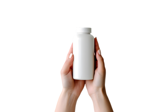 Female hands with white medical plastic jar of multivitamin capsules or pills. Mockup