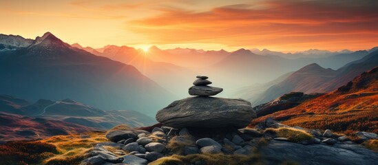 Serenity in mountain landscape with stones and silhouette of ridge on sunset in highlands valley, closeup, vertical. - obrazy, fototapety, plakaty