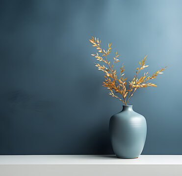 vase with flowers on a white table in front of a blue wall
