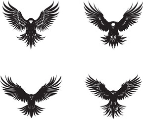Set of black eagle in flight isolated on white background