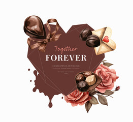 Valentine's day greeting card with chocolate candies. Vector illustration.