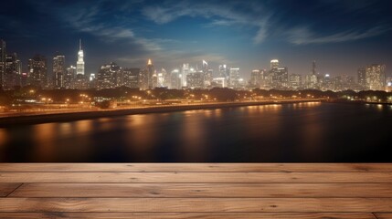 Fototapeta na wymiar Blank wood tabletop with blurred night city skyline and river, showcase, nightlife, AI Generative