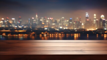 Fototapeta na wymiar Blank wood tabletop with blurred night city skyline and river, showcase, nightlife, AI Generative