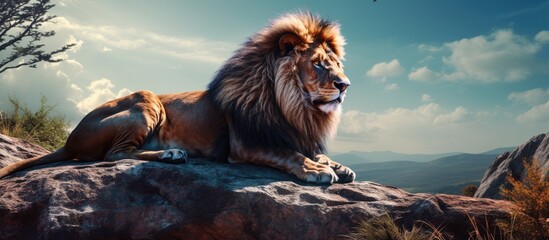 A lion, male, sits on a rock, gazes across terrain.