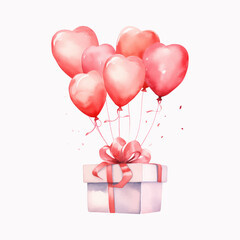 Gift box with heart-shaped balloons. Watercolor illustration.