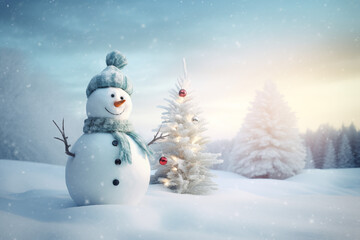 Obraz premium Enchanting Winter Wonderland: Joyful Snowman in a Snow , Perfect Holiday Greeting Card, generative ai