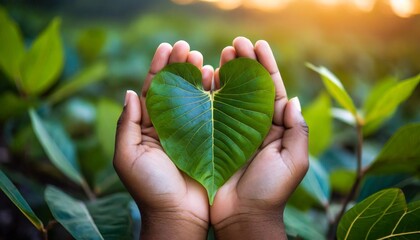 Natural green heart in hands with leaves. Earth day concept. Protecting our environment.  - obrazy, fototapety, plakaty