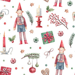 Obraz premium Watercolor, seamless pattern with Santa's elves, candles, Christmas tree branches, gift boxes and candies on a white background.