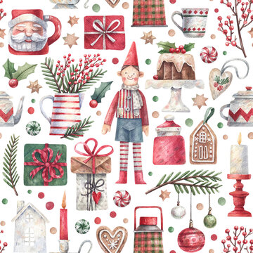 Watercolor, seamless pattern with Christmas elements on a white background. Santa's elf, boxes with gifts, Christmas tree branches, sweets watercolor illustration background.