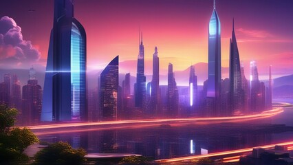 "Create a vibrant and futuristic cityscape at dusk, featuring sleek skyscrapers illuminated by neon lights and a bustling atmosphere. Show flying vehicles zipping through the sky and hints of advanced