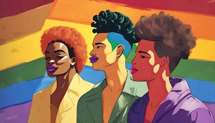 Pop art illustration, banner, texture or background depicting the pride day and the LGBT community with diverse people - obrazy, fototapety, plakaty