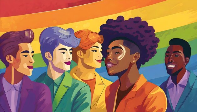 Pop art illustration, banner, texture or background depicting the pride day and the LGBT community with diverse people