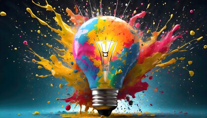 Creative light bulb explodes with splashes of multi-colored paint on a dark background. Creative idea, concept. Think differently. Creation of creative. Generative AI - obrazy, fototapety, plakaty