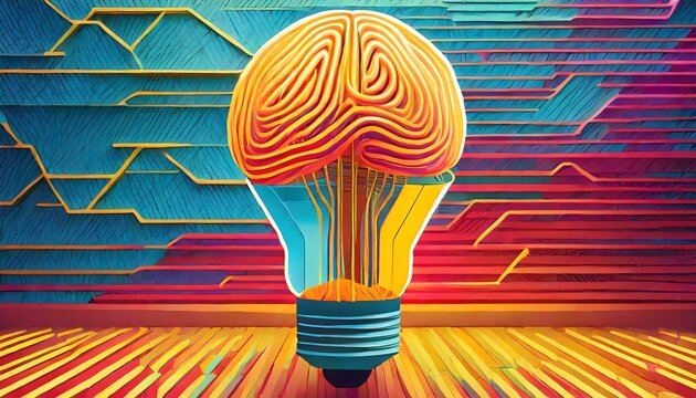 Creative light bulb explodes with splashes of multi-colored paint on a dark background. Creative idea, concept. Think differently. Creation of creative. Generative AI. Brain bulb concept.