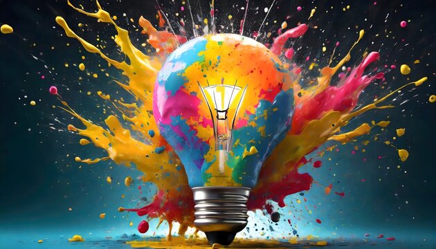 Creative light bulb explodes with splashes of multi-colored paint on a dark background. Creative idea, concept. Think differently. Creation of creative. Generative AI
