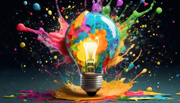 Creative light bulb explodes with colorful paint and splashes on a black background. Think differently creative idea concept