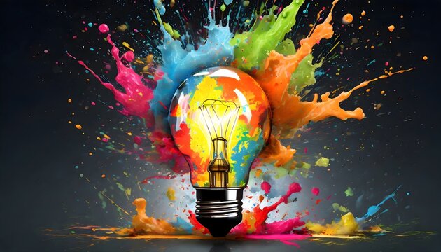 Creative light bulb explodes with splashes of multi-colored paint on a dark background. Creative idea, concept. Think differently. Creation of creative. Generative AI