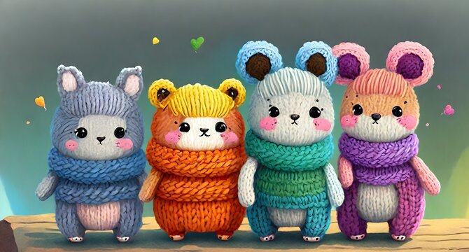 Amigurumi and crochet birds, generative ai. Crochet cute animal set, generative ai.